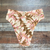 Aerie High Cut Cheeky White/Pink/Brown Cross Waist Swim Bottoms - Size M