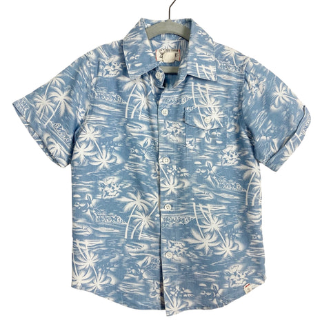Me & Henry Blue/White Tropical Palm Print Short Sleeve Button Up-Size 3/4Y