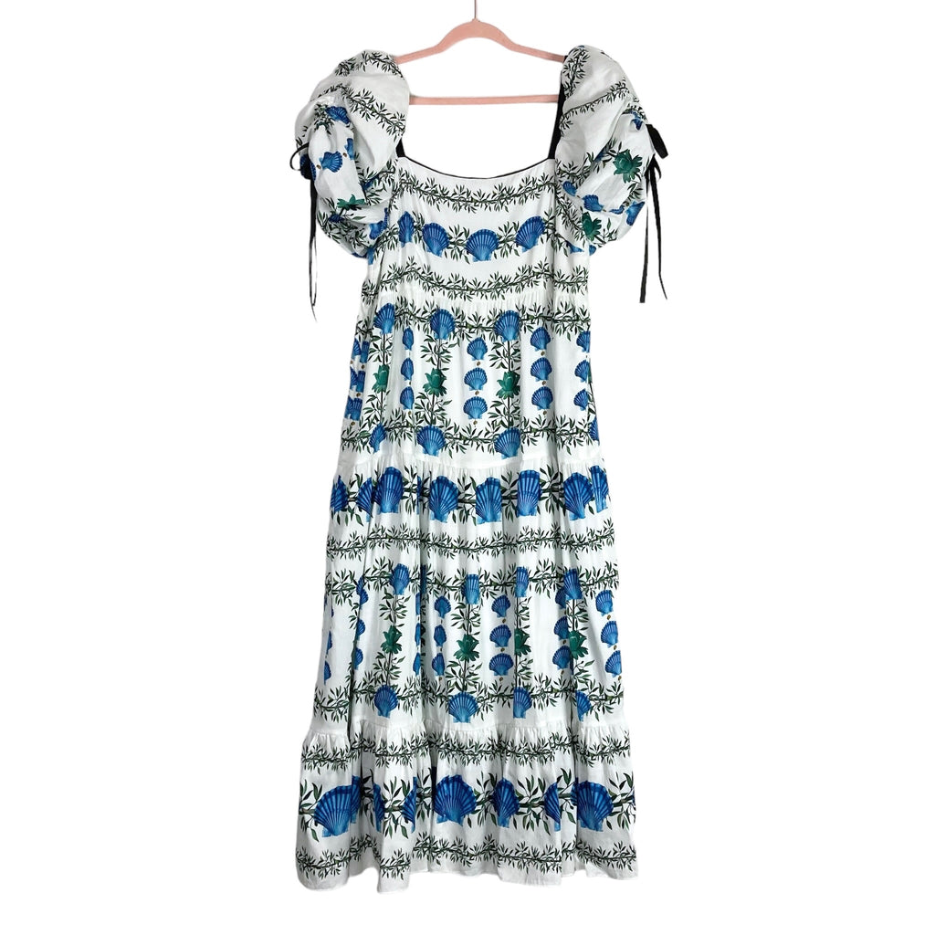 Antonio Melani White Blue Shell Print Puff Tie Sleeve Dress- Size 16 ( The Saved Collection Antonio Melani White Blue Shell Print Puff Tie Sleeve Dress- Size 16 ( The Saved Collection