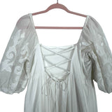 Abercrombie & Fitch White Sheer Embroidered Puff Sleeve Lace Up Back Lace Eyelet Hem Dress- Size L