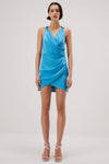 Misha Marina Blue Satin with Draped Neckline and Back Twist Detail Calypso Dress NWT- Size M