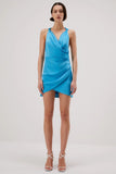 Misha Marina Blue Satin with Draped Neckline and Back Twist Detail Calypso Dress NWT- Size M