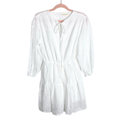Goodnight Macaroon White Eyelet Lined Sheer Sleeve Dress NWT- Size M