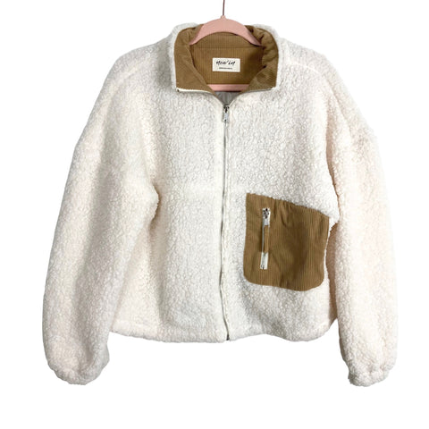 New In Ivory Fleece with Camel Corduroy Detail Zip Up Jacket- Size S