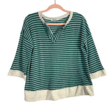 Ces Femme Green/White Striped 3/4 Length Sleeve V-Neck Top- Size ~S (see notes, no size tag, fits like a small)