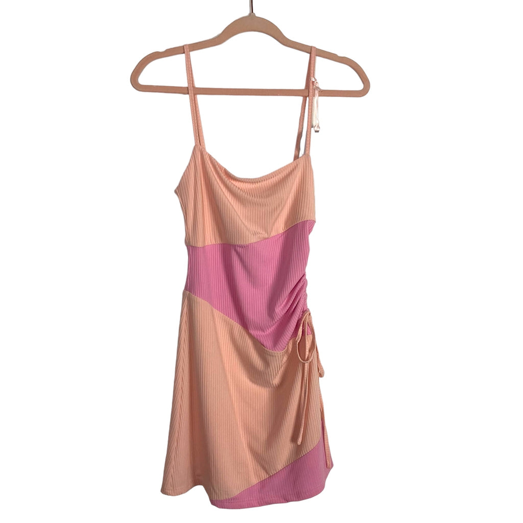 knee length dresses for ladies More to Come x Revolve Pink/Peach Color Block Ribbed with Cinched Side –  The Saved Collection
