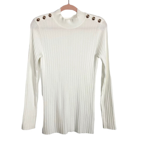 No Brand White Ribbed with Gold Button Detail Lightweight Sweater- Size XL