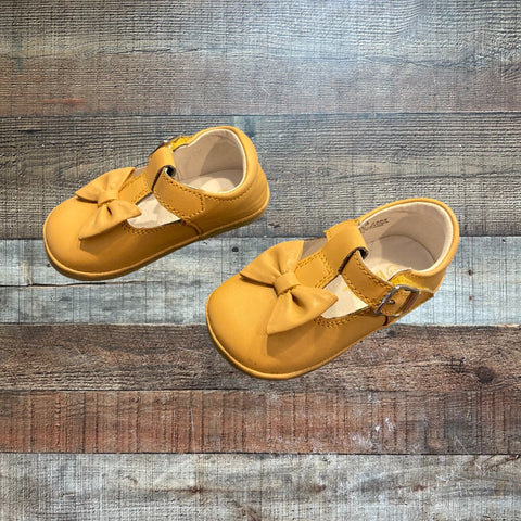 Angel Baby Girl Leather Mustard Velcro Strap Bow Shoes- Size 3