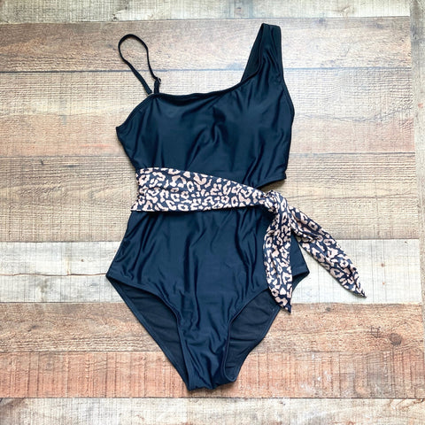 No Brand Black Animal Print Belted Side Cutout Padded One Piece- Size M