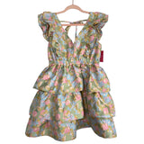 Buddy Love Green with Blue and Pink Floral Ruffle Tiered Tie Back Dress NWT- Size M