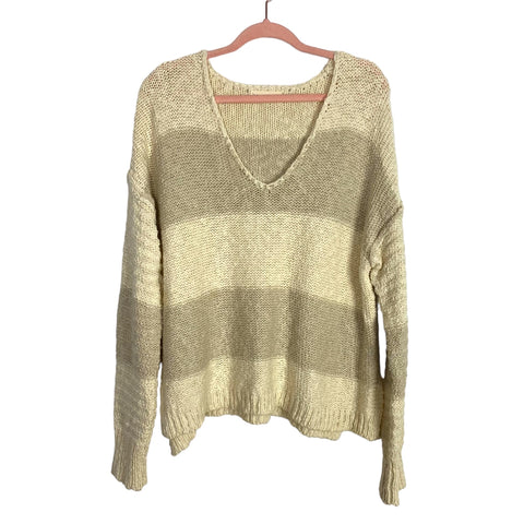 By Together Cream/Mocha Striped Chunky Knit V-Neck Tunic Sweater- Size M