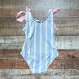 The Beaufort Bonnet Company Blue and White Striped Pink Shoulder Bow One Piece- Size 3T
