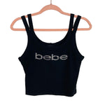 Bebe Black Ribbed with Rhinestone Logo and Double Straps Cropped Tank- Size S