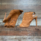 AQUAZZURA Camel Suede Stiletto Peep Toe Booties- Size 40/US 9 (see notes)