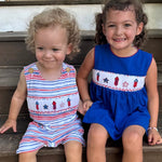 The Smocked Flamingo Red White and Blue Smocked Fireworks Jon Jon- Size 18M (see notes)