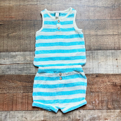 Cat & Jack Baby White/Blue Striped Muslin Button Tank and Shorts Set- Size 6-9M (sold as a set)