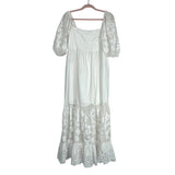 Abercrombie & Fitch White Sheer Embroidered Puff Sleeve Lace Up Back Lace Eyelet Hem Dress- Size L