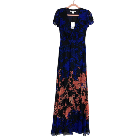 Diane Von Furstenburg Black Blue and Coral Floral Dress NWT- Size 4 (sold out online)