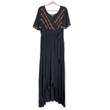 Jodifl Washed Black with Embroidered Flowers Faux Wrap Maxi Dress- Size L