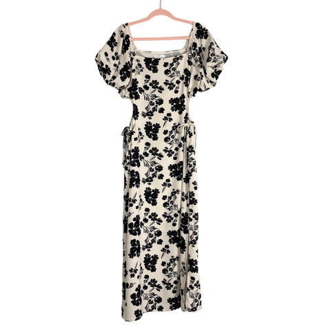 Vestique Ivory/Black Floral Pattern with Puff Sleeves and Side Cut Outs Midi Dress NWT- Size M