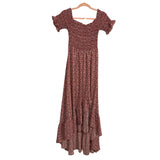 Mi Ami Brick Red Floral Print Smocked Bodice Dress - Size XL