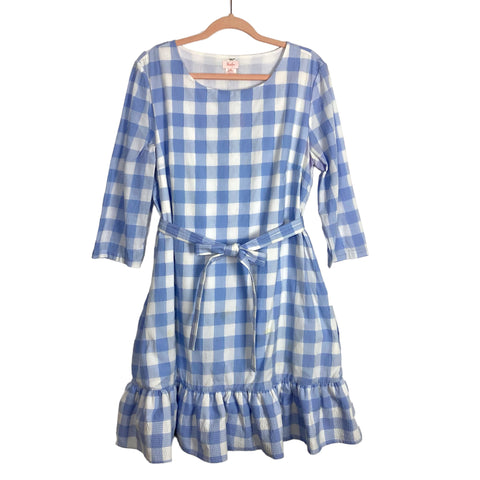 Persifor Light Blue/White Gingham with Tie Belt and Ruffle Hem Dress- Size XL (see notes)