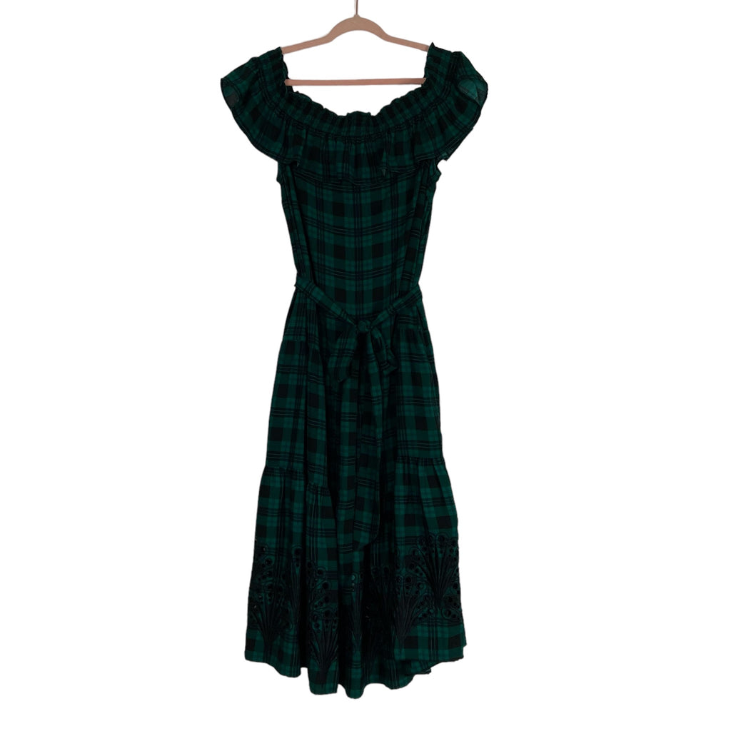 Draper James Black and Green Plaid Off the Shoulder Belted Eyelet Hem The Saved Collection Draper James Black and Green Plaid Off the Shoulder Belted Eyelet Hem The Saved Collection