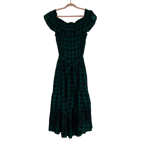 Draper James Black and Green Plaid Off the Shoulder Belted Eyelet Hem The Saved Collection Draper James Black and Green Plaid Off the Shoulder Belted Eyelet Hem The Saved Collection