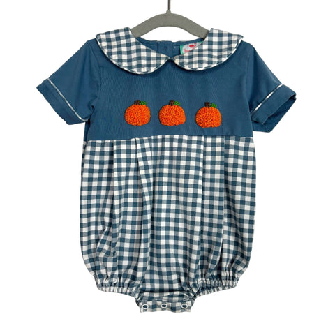 The Smocked Flamingo Blue Gingham Pumpkin Outfit - Size 9M
