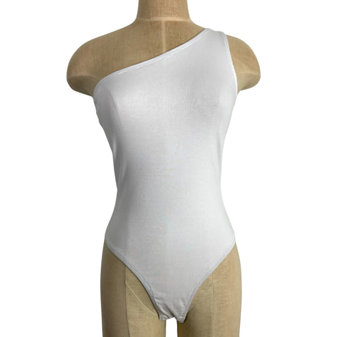 No Brand White One Shoulder Bodysuit - Size ~M (No Size Tag, Fits Like A Medium)