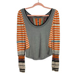 Free People Grey Thermal Knit Patterned Sleeve Low Back Top- Size XS