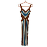 Dee Elly Metallic Brown Blue and White Striped Side Cutout Dress with Slit- Size S