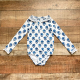 India Amory x Smockingbird White/Blue Floral Print Smocked Ruffle Long Sleeve One Piece- Size 4T