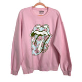 Thrifted Pink Rolling Stones Floral Print Tongue Crewneck Sweatshirt - Size M (See Notes)