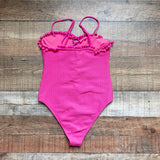 Lovers + Friends Hot Pink Pom Pom Trim Front Lace Up One Piece- Size S