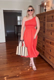 Anrabess Coral One Shoulder with Side Cut Out Smocked Midi Dress NWT- Size M