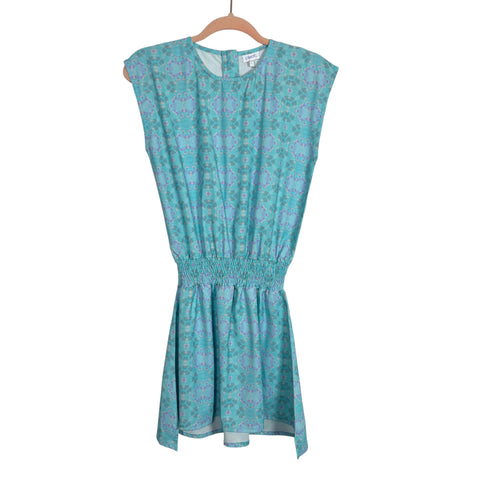 Pleat Turquoise Printed Smocked Waist Dress- Size 14 Girls