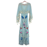Fillyboo Blue Embroidered Eyelet Fringe Split Sleeve Dress- Size XS