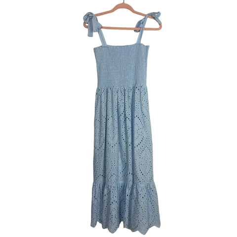 Pink Lily Blue Eyelet Lined Smocked Bodice Tie Straps Dress NWT- Size M