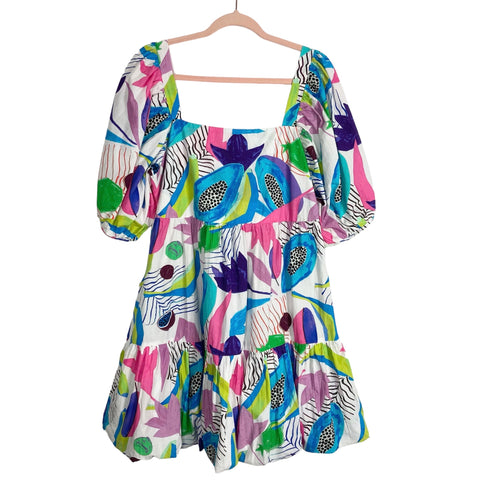 Oliphant Tropical Fruit Print with Puff Sleeves and Smocked Back Dress- Size L
