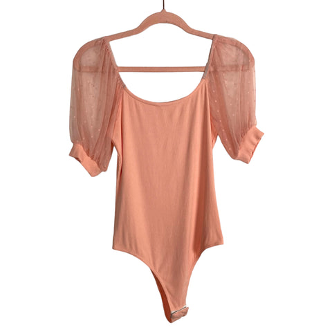 No Brand Peach Ribbed with Polka Dot Mesh Sleeves Bodysuit- Size S
