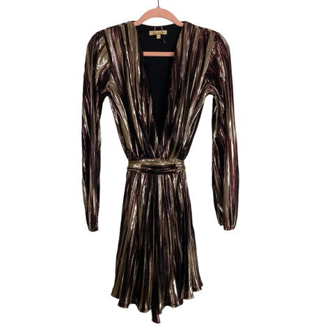 Melissa Odabash Gold/Wine Metallic Pleated Deep V with Back Tie Dress- Size XS