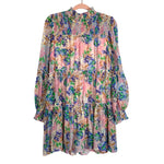 Vestique Pink Floral Smocked Mock Neck Sheer Sleeve Dress- Size M