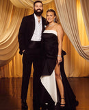 TERANI Couture Black and White Side Ruffle Strapless Gown- Size 12 (see notes)