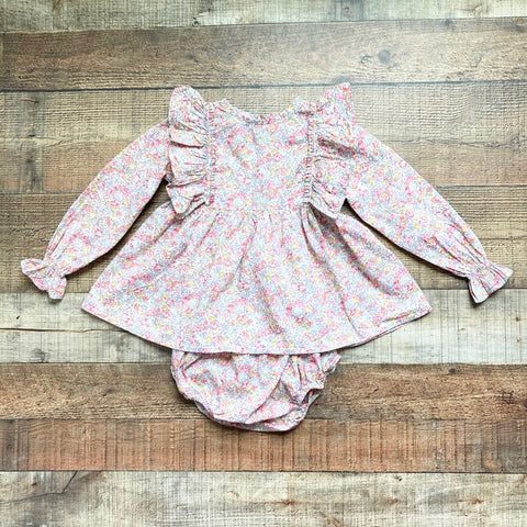 Pukatuka Pink/Yellow/Gray Floral Print Ruffle Dress with Matching Ruffle Butt Bloomers- Size 4Y