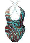 Pretty Little Thing Blue and Brown Abstract Marble Strappy Plunge Cross Halterneck One Piece NWT- Size 16 (US 12)