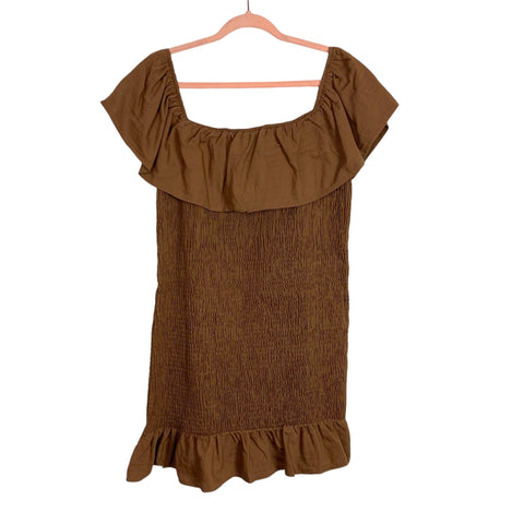 Anthropologie Brown Off the Shoulder Smocked Ruffle Dress-Size XL (Sold Out Online)