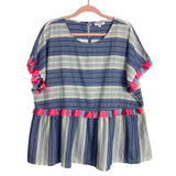 Andree By Unit Blue and White Tassel Trim Top- Size 1X
