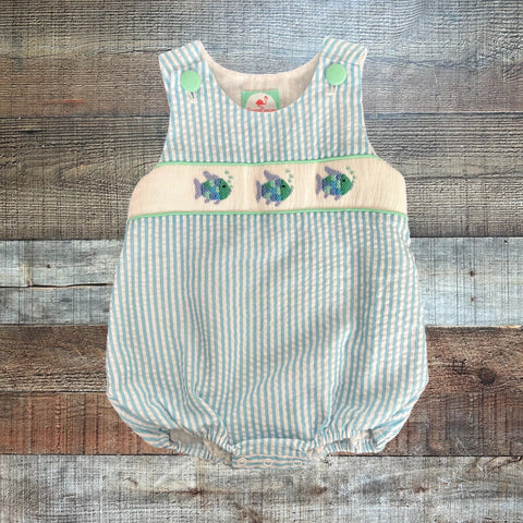 The Smocked Flamingo Children's Boutique Blue Seersucker Smocked Fish Bubble- Size 18M