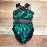 Hilor Black Palm Print Mesh Front Crossover Straps Padded One Piece- Size S